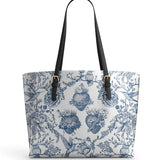 Catholight Sacred Elegance: Blue and White Devotion Leather Tote Bag