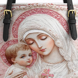 Catholight  Sacred Serenity: The Madonna’s Tender Embrace Leather Tote Bag