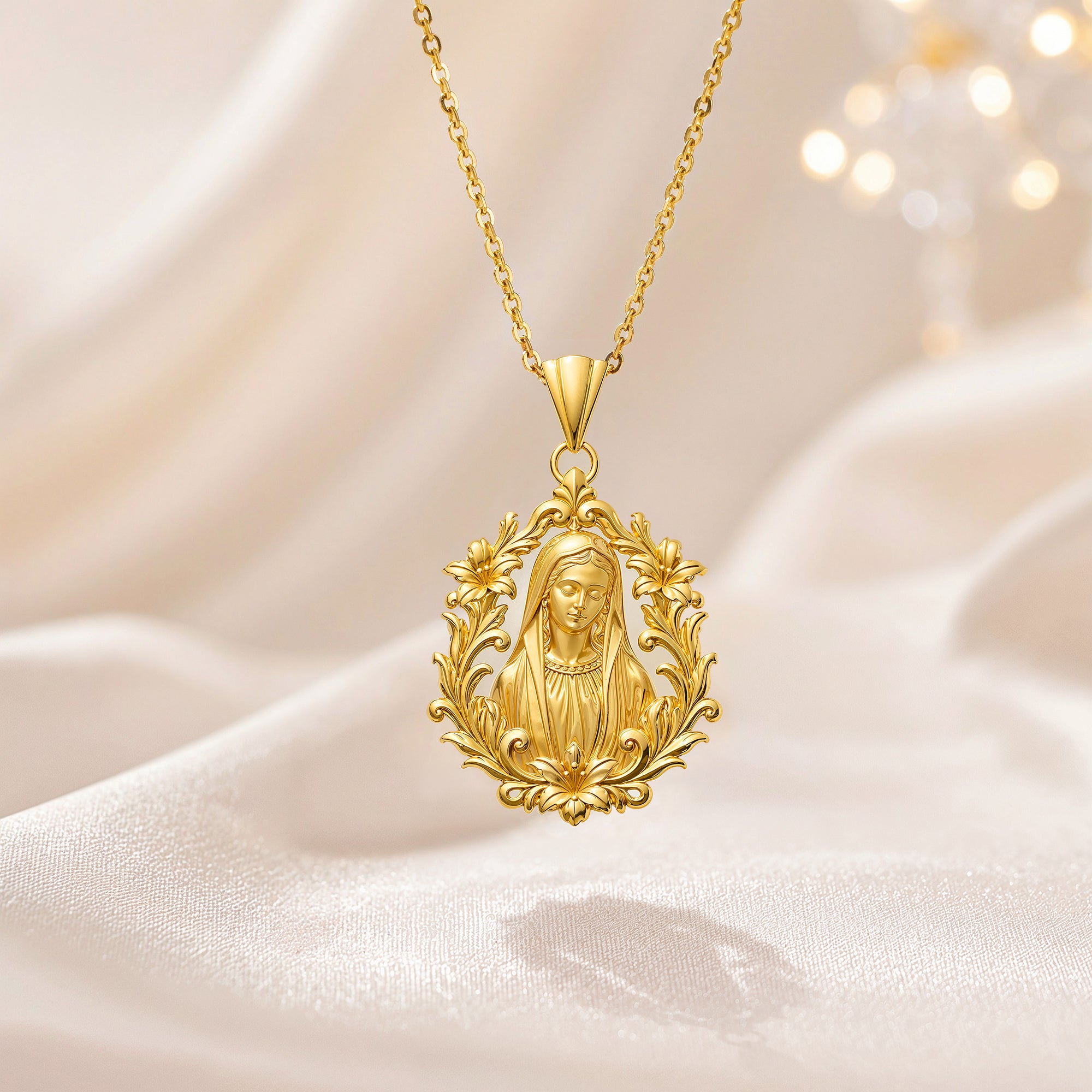 Catholight Blessed Virgin Mary Lily Portrait Necklace in 18K Gold Vermeil