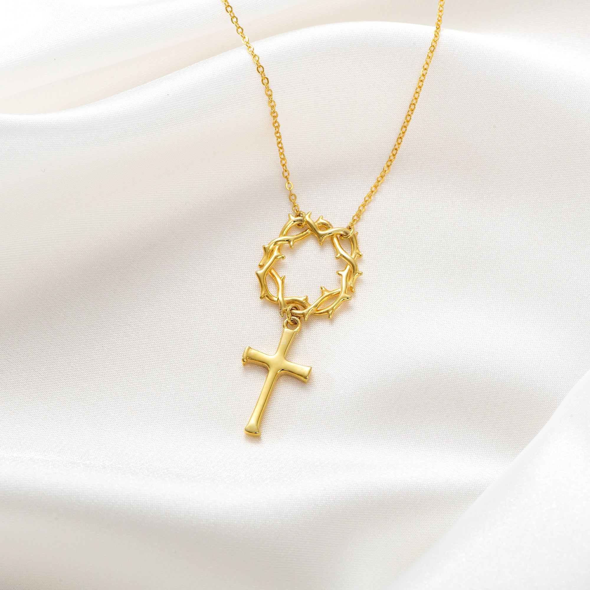 Catholight Crown of Thorns Cross Necklace in 14K Gold Vermeil/ Sterling Silver