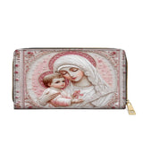 Catholight Sacred Serenity: The Madonna’s Tender Embrace - Leather Wallet Purse