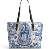 Catholight Sacred Serenity Virgin Mary  Leather Tote Bag
